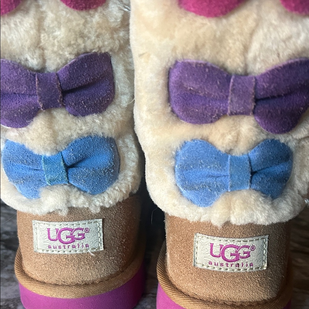 UGG Kids' Furry Boots with Colorful Bows - Cream, Pink, Purple, Blue - Picture 2 of 4